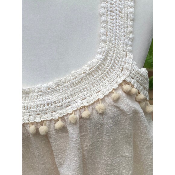ADIVA Ivory white crochet lace inserts tank top gauzy cotton cloth pompoms Sz L - Picture 4 of 11